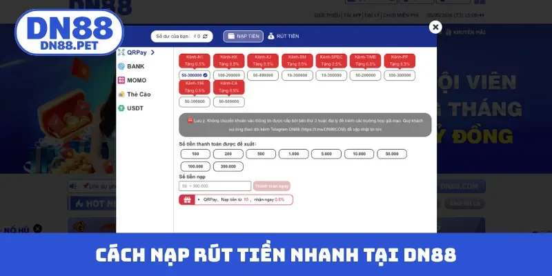 Cách nạp rút tiền nhanh tại DN88